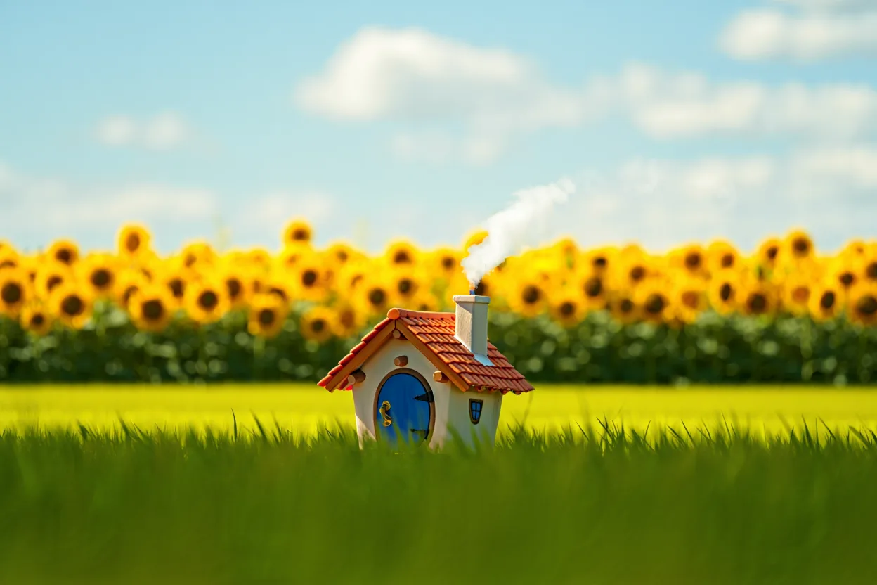 A tiny house in a sunflower field — a new beginning.